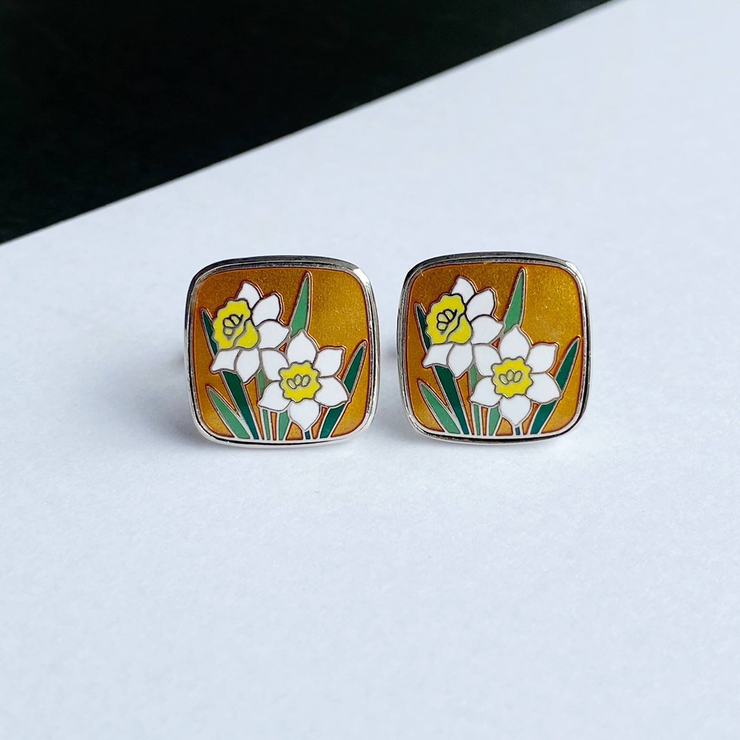 Daffodils [Gold] Cloisonne Cufflinks Cufflinks Red Copper Metal Cloisonne - 袖扣 - 其他材质 橘色