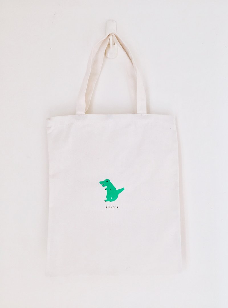 小恐龙好朋友手工绢印帆布提袋*绿 - 手提包/手提袋 - 棉．麻 白色