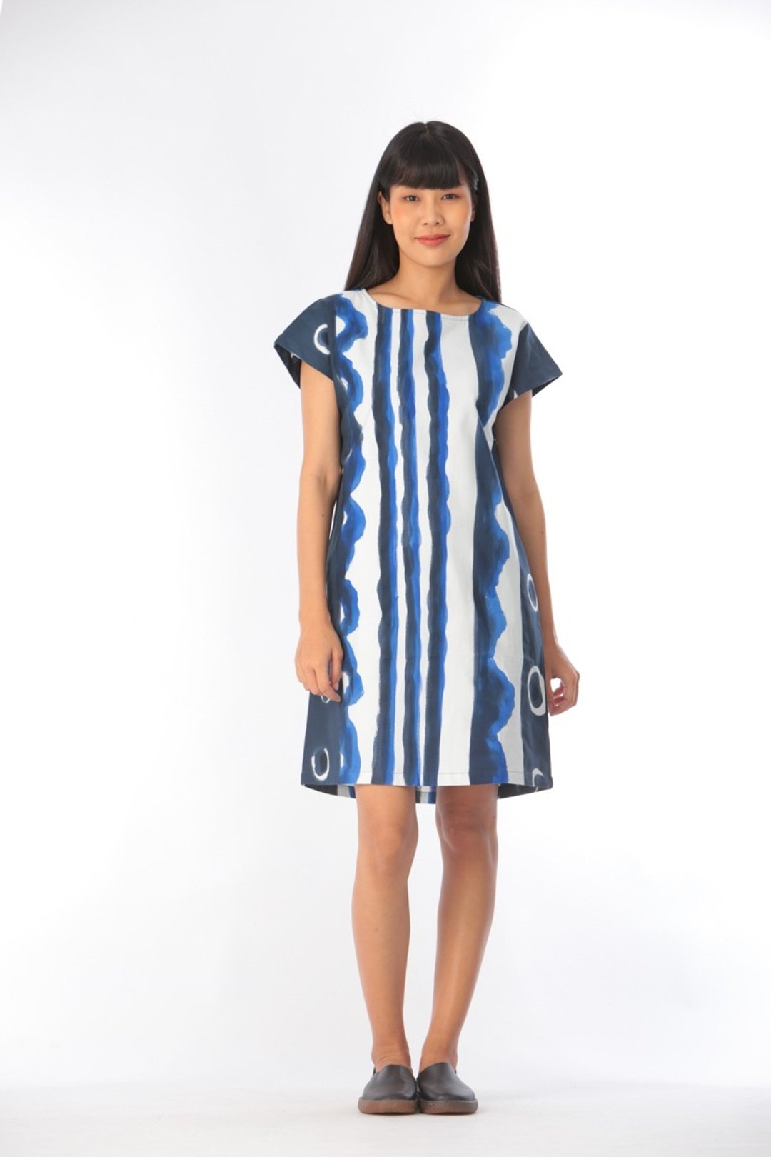 Short Dress Cotton Rayon Hand Painted for Summer resort vaca - 洋装/连衣裙 - 棉 蓝色