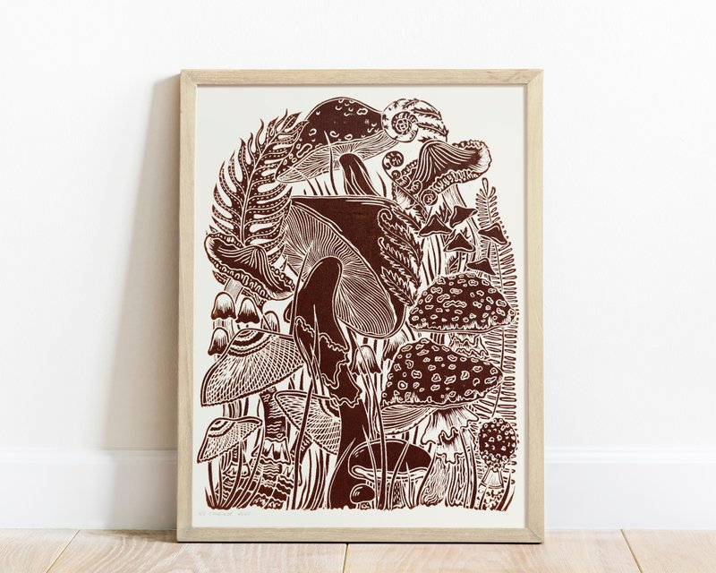 Linocut 印花植物棕复古蘑菇 12x16 版画墙艺术 - 海报/装饰画/版画 - 纸 咖啡色