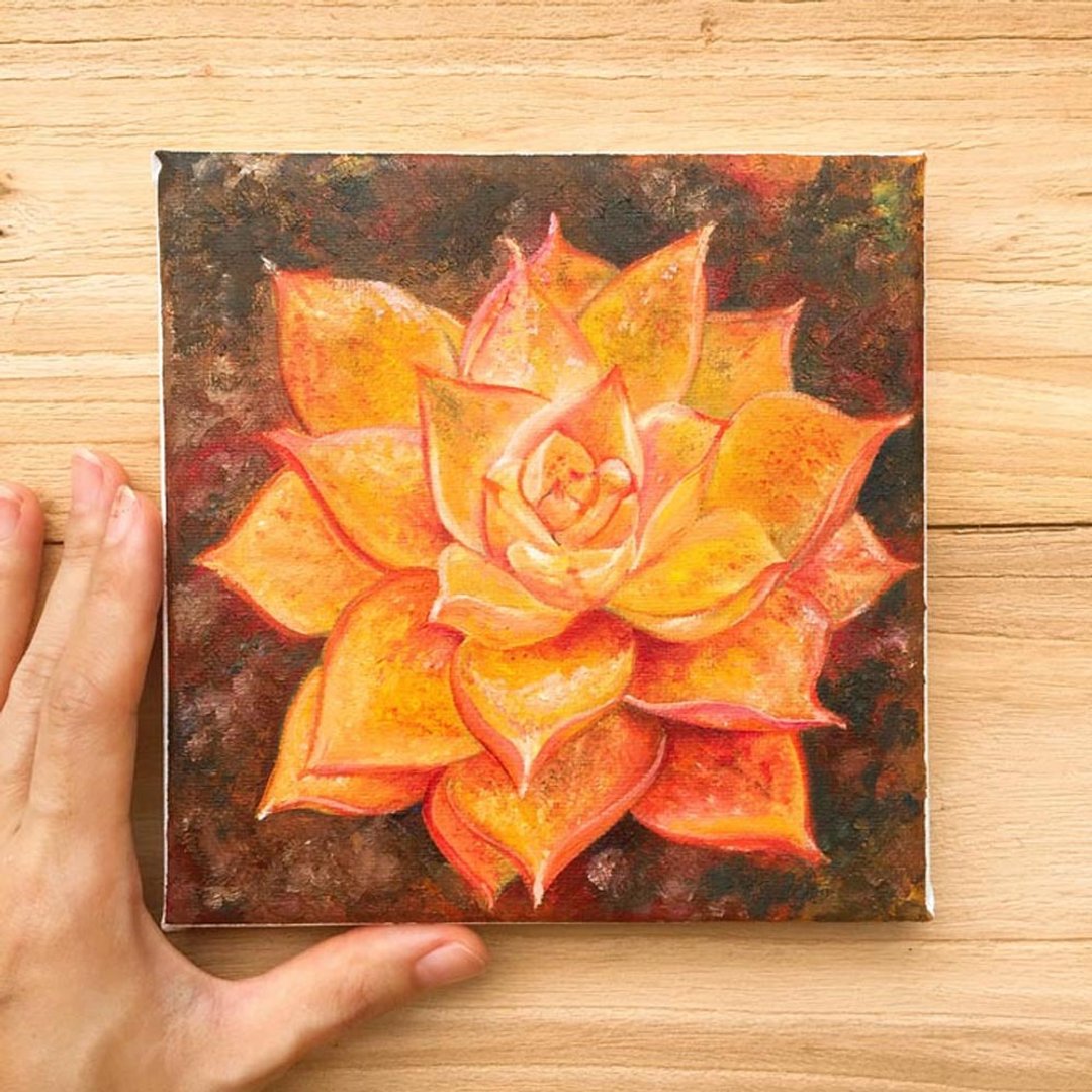 橘红色莲花多肉植物小型油画。园艺爱好仙人掌绿植居家装饰收藏。 - 海报/装饰画/版画 - 棉 