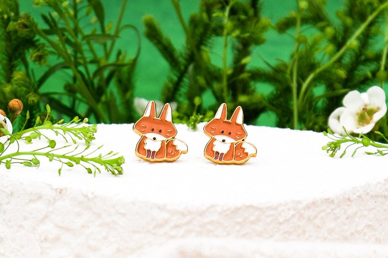 小狐狸 Fox 山系可爱动物 夹式耳环 低敏钢针 生日礼物 纸盒包装 - 耳环/耳夹 - 珐琅 橘色