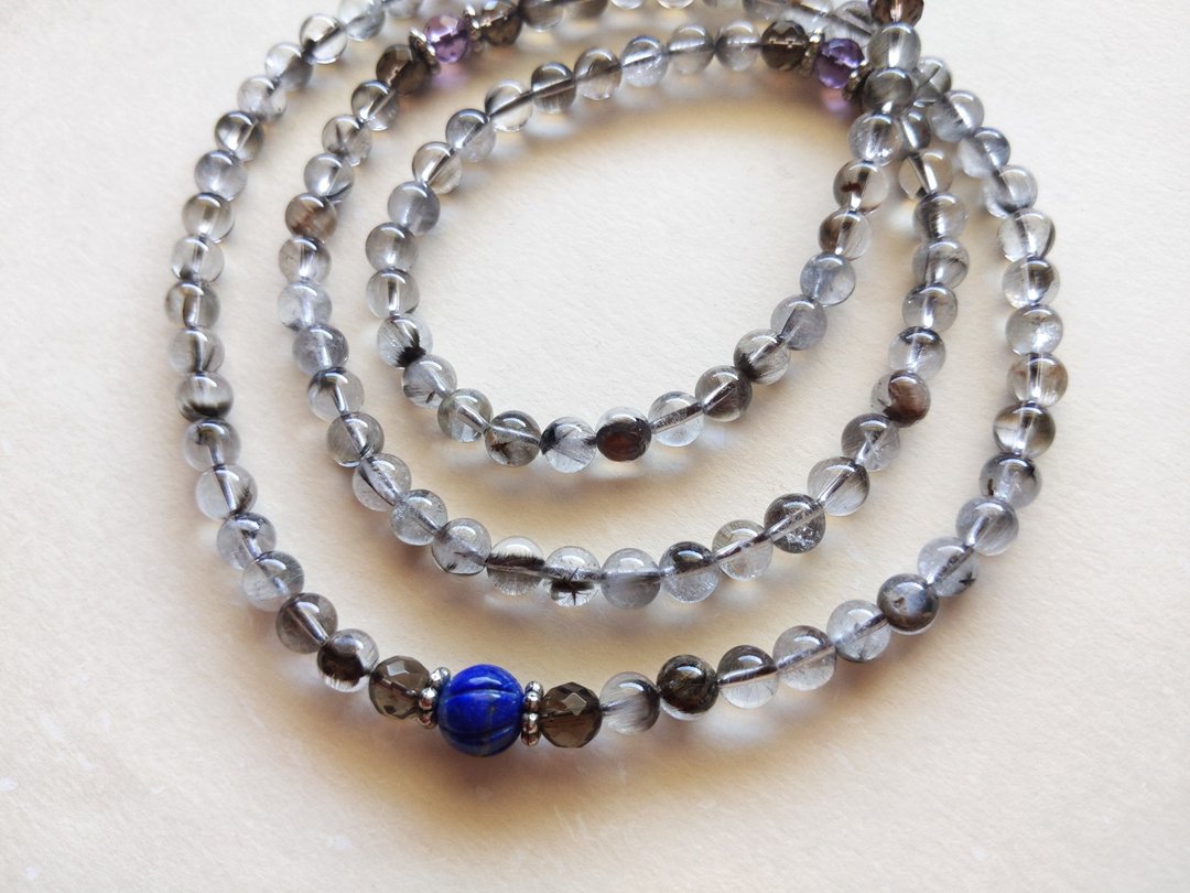 ORLI Jewelry 天然黑银钛108颗念珠 黑银钛晶108颗佛珠 青金石 - 手链/手环 - 宝石 灰色