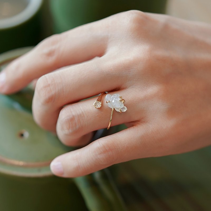 青莲18K黄金翡翠钻石开口戒指 未时设计冰种镶玉气质美学指环女 - 戒指 - 贵金属 