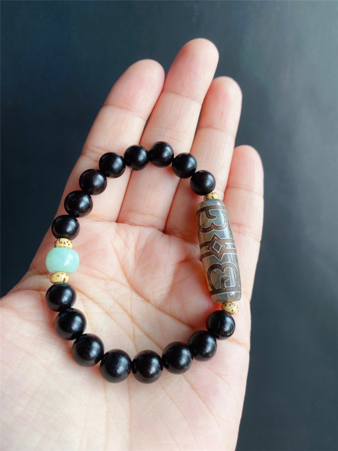 【售出】缅甸天然 翡翠 黑檀木 莲师法帽天珠 菩提 设计款 手链 - 手链/手环 - 玉石 