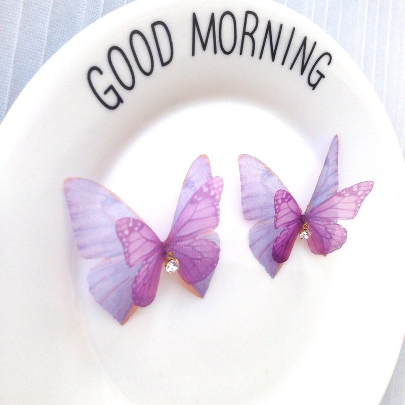 ❤️【任意2件9折！！】【可改发夹胸针等❤️立体式！！❤️真丝蝴蝶】原创手工水钻水晶纯银樱花桃花仿真斑纹蝴蝶蜻蜓翅膀耳钩耳环耳钉耳夹式无耳洞交换礼物生日礼物 - 耳环/耳夹 - 其他材质 紫色