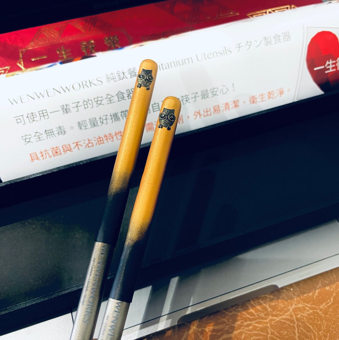 手作软陶工艺纯钛筷-智福双全猫头鹰 - 筷子/筷架 - 其他金属 金色