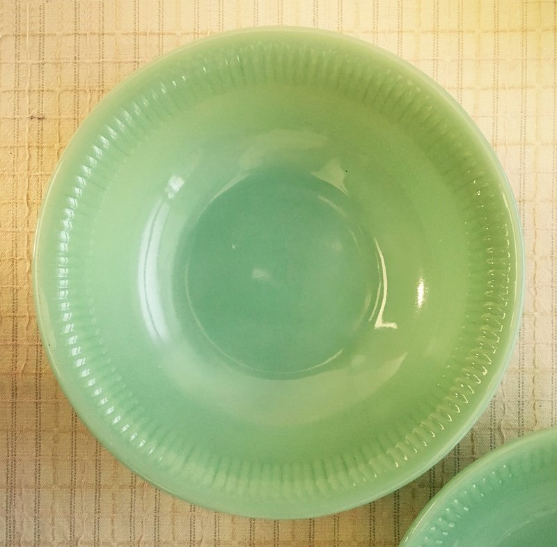 早期Fire-King麦片碗-翠玉系列 (餐具/旧货/老物/耐热玻璃/火王) - 浅碟/小碟子 - 玻璃 绿色