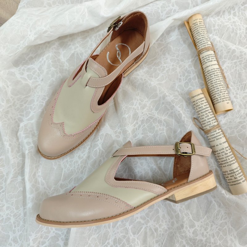 撞色玛莉珍鞋 手工真皮女鞋 宽楦尖头鞋 大尺码平底鞋 手作鞋-粉 - 玛莉珍鞋 - 真皮 粉红色