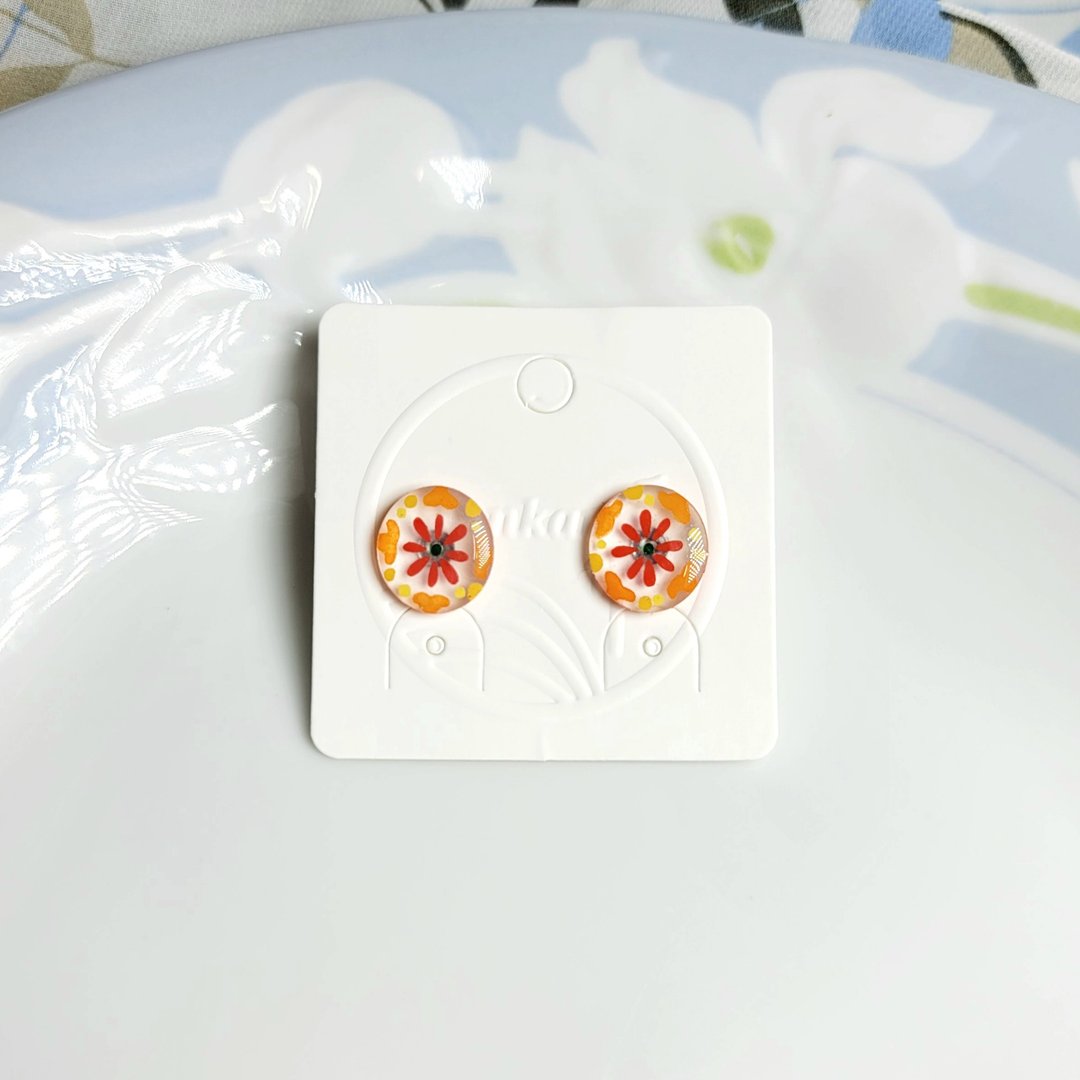 盛夏冰果室 苹果西打 花砖 手绘热缩片 耳环 - 耳环/耳夹 - 不锈钢 多色