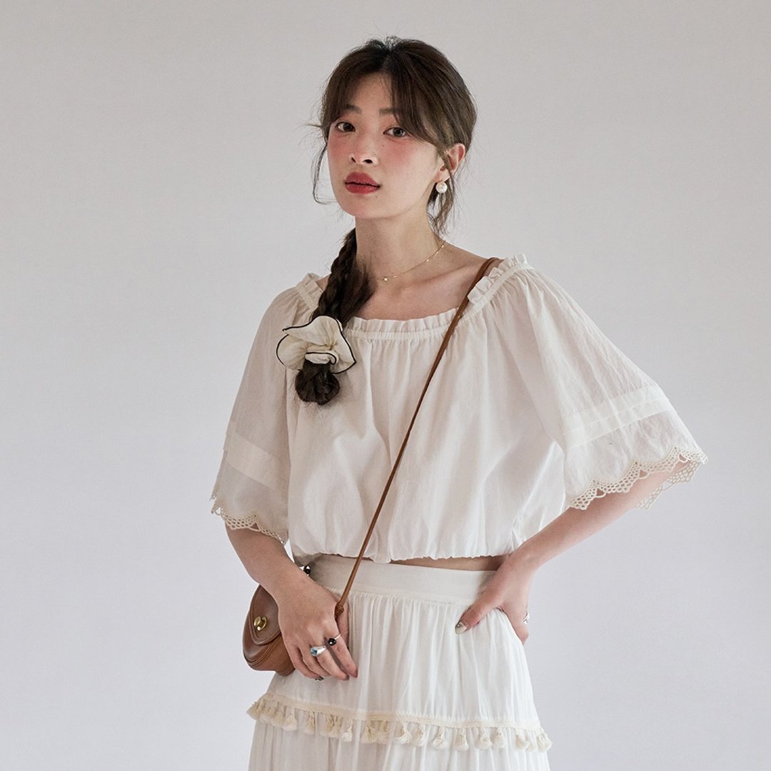 一字领短款小衫|衬衫|春夏款|Sora-1183 - 女装衬衫 - 棉 白色