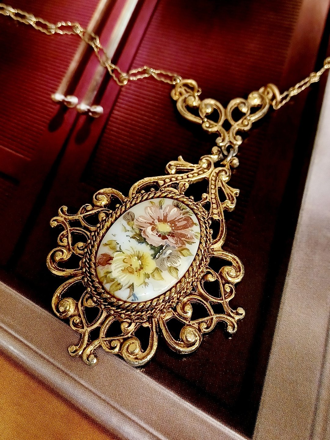 vintage jewelry Florenza古董 维多利亚瓷绘花卉 项链 - 项链 - 其他金属 