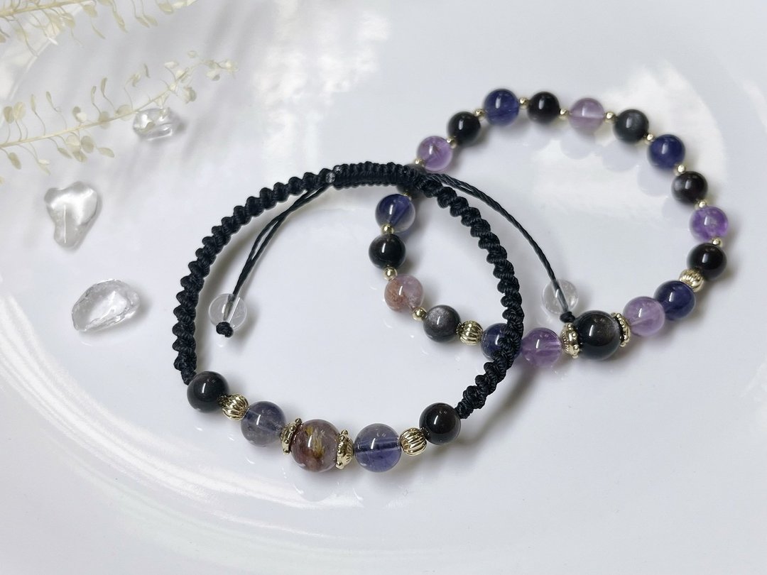 海王星 | 银曜石、紫幽灵、堇青石、白水晶 - 手链/手环 - 水晶 黑色