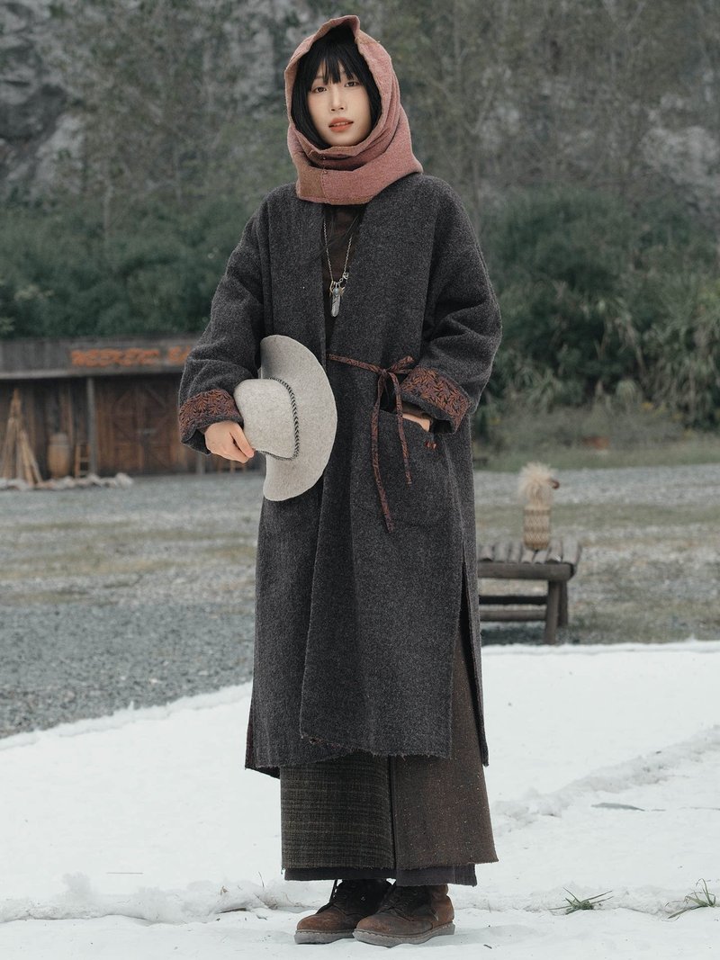 黑巧花棕 圈圈色織羊毛長款袍子 開叉系帶開衫外套 - 女装休闲/机能外套 - 羊毛 咖啡色