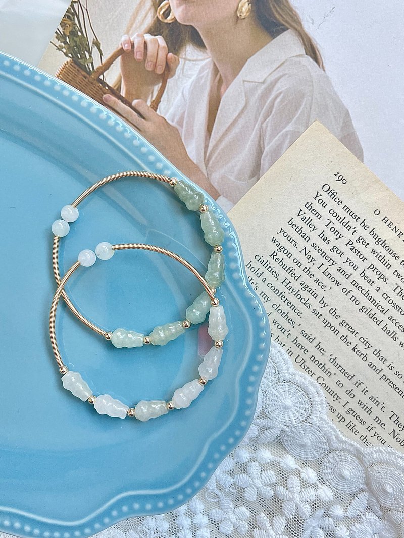 缅甸玉A货翡翠-冰晴水绿葫芦14k包金手环 定制 礼物 天然石 饰品 - 手链/手环 - 玉石 金色