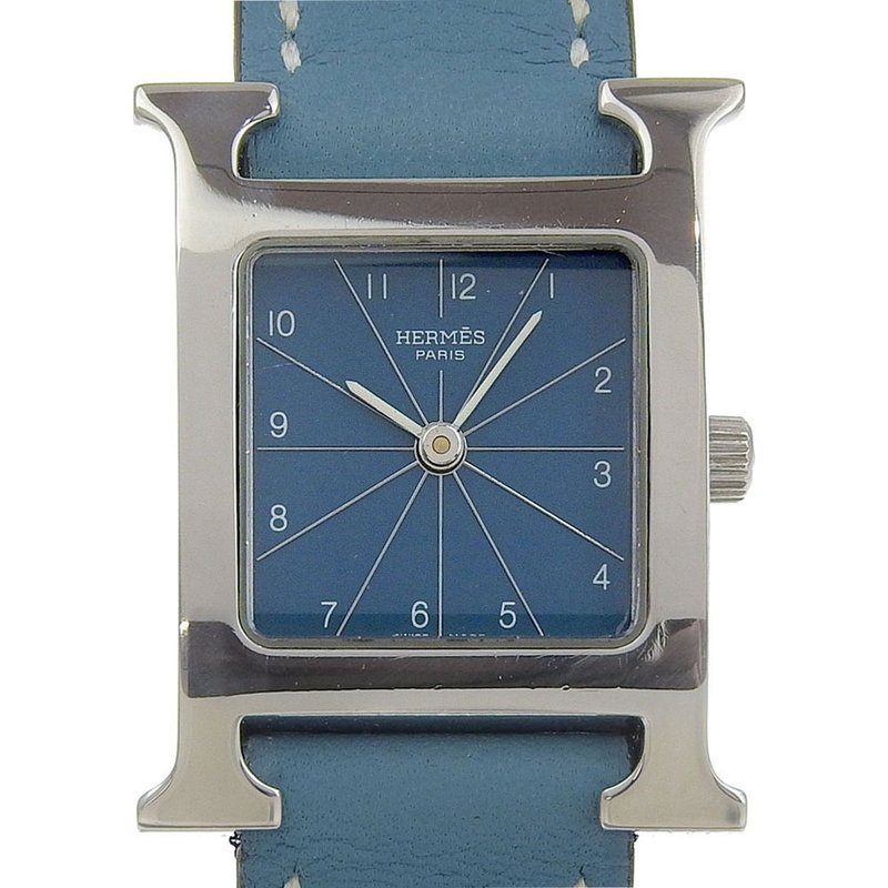【日本直送】爱马仕 HERMES H Hour 腕表 HH1.210 不锈钢 x 皮革 T 石英 指针式显示 蓝绿色表盘 女仕款【二手】 - 女表 - 不锈钢 银色