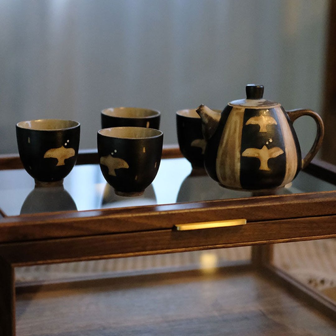 飛鳥手繪功夫茶具 / 日式陶瓷茶壺 / 家用茶杯 - 茶具/茶杯 - 瓷 黑色