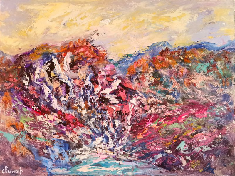 Waterfalls Sunset Trees Mountain Original Art Oil Painting Artist Svinar Oksana - 其他 - 其他材质 多色