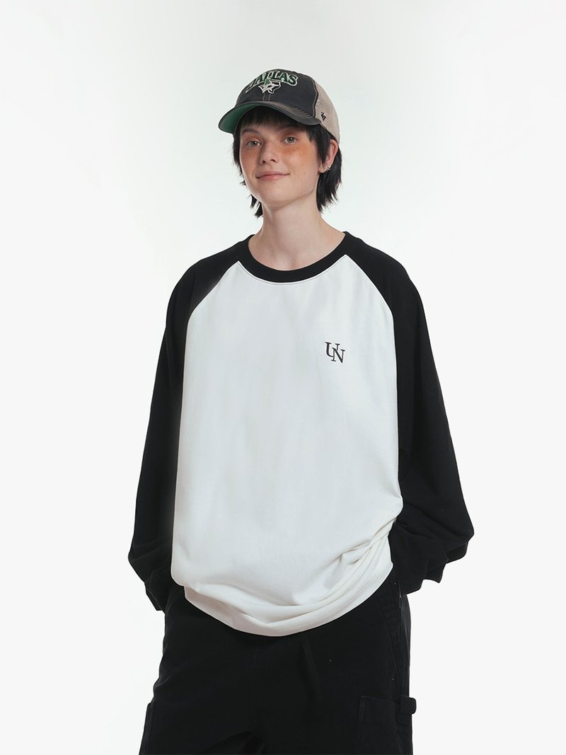 Unvesno (UN)重磅拼色刺绣插肩袖圆领长袖T恤基础百搭 SWS-1616 - 男装上衣/T 恤 - 棉．麻 黑色