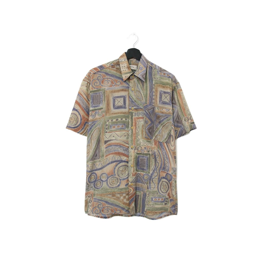 Back to Green- 短袖花衬衫 艺术不规则插图ss-17 vintage shirt - 男装衬衫 - 丝．绢 