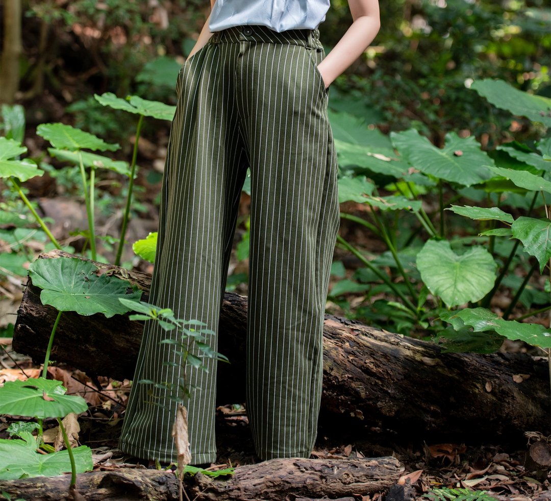 平行线 直筒长裤Stripe Pattern Pants - 女装长裤 - 棉 绿色