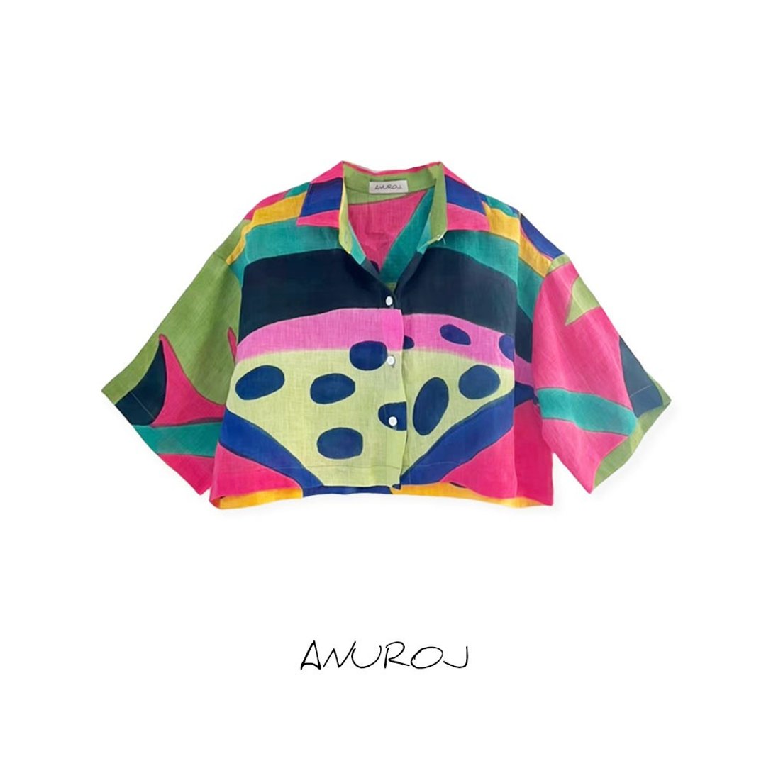 Hawaii Crop shirt Linen For Summer Beach Vacation Free Size - 女装上衣 - 棉．麻 