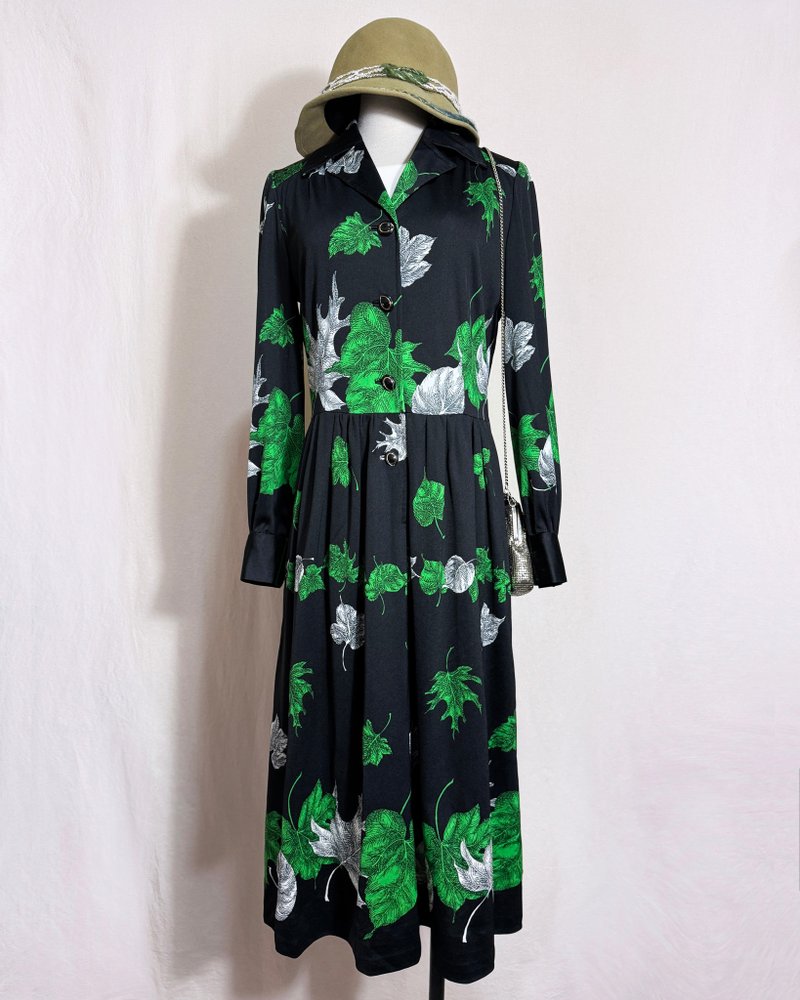 叶子水滴扣长袖古着洋装/ 国外带回 VINTAGE - 洋装/连衣裙 - 聚酯纤维 黑色
