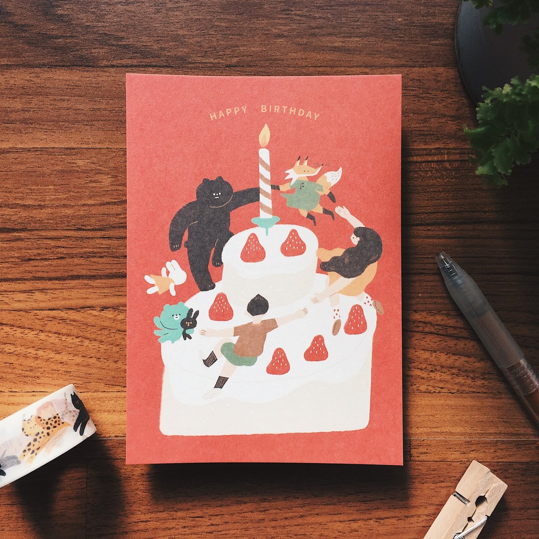 插画明信片 - 庆生 Happy Birthday - 卡片/明信片 - 纸 红色