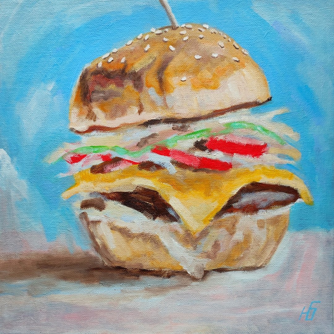 汉堡原作油画 厨房挂画 食物艺术品 手工油画 油画原作 - 海报/装饰画/版画 - 其他材质 多色