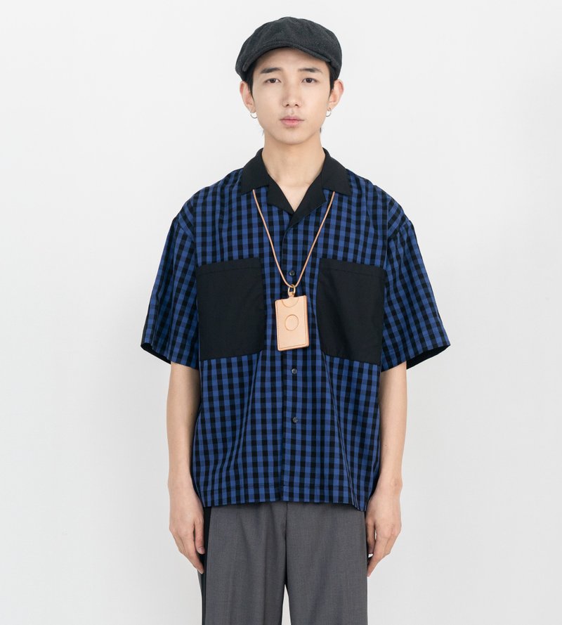 蓝色拼接格纹短袖衬衫 日系休闲 男女同款 独立设计 - 男装衬衫 - 棉．麻 多色