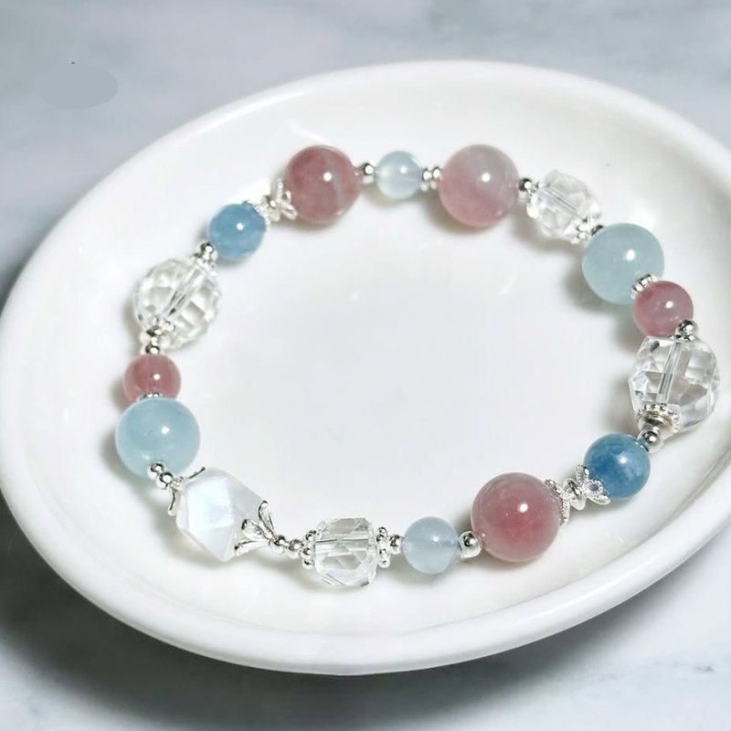 晴空的河津樱-马岛粉晶.海水蓝宝.白水晶-纯银设计款手链 - 手链/手环 - 水晶 粉红色