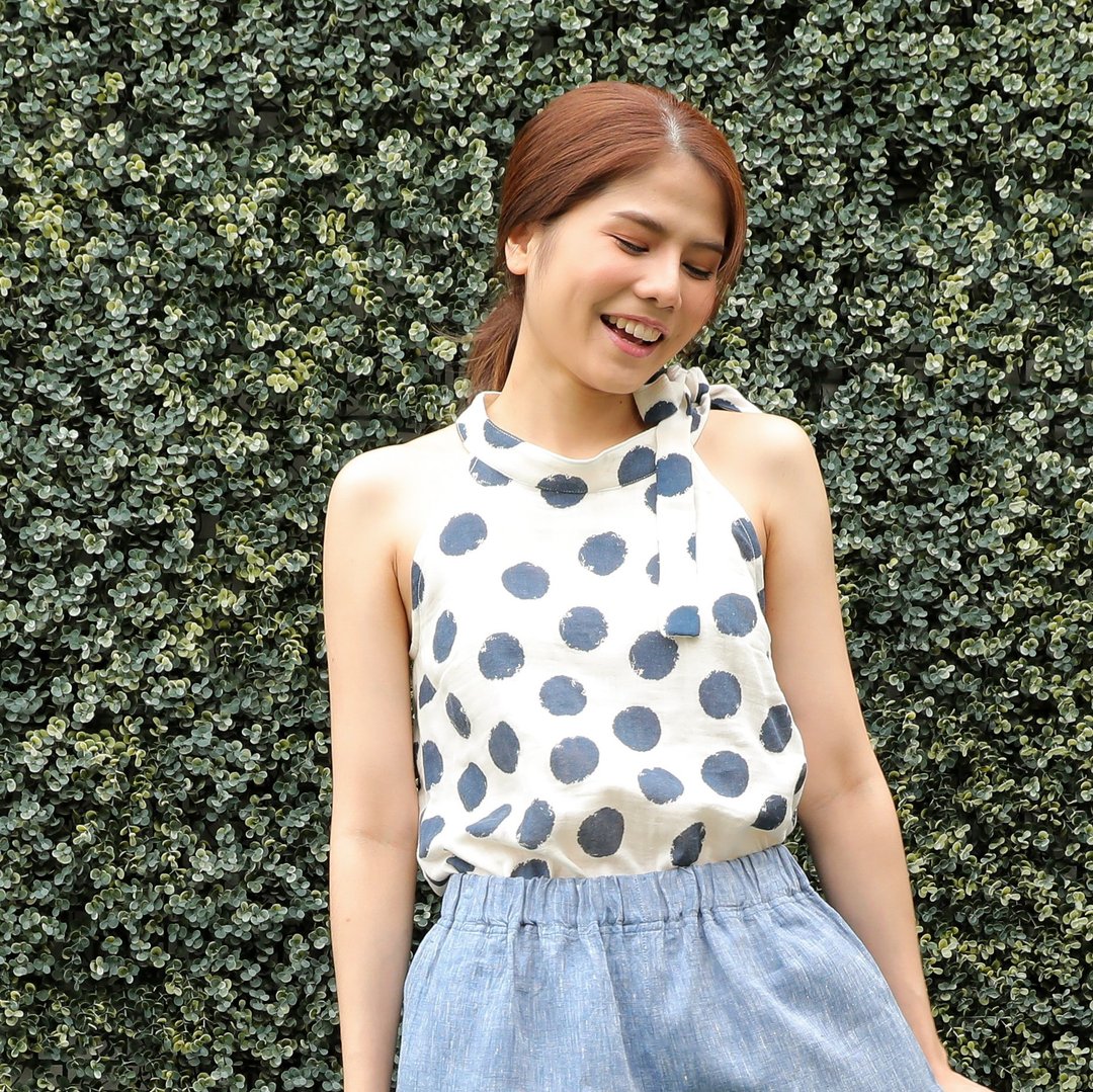 Natural Cotton Halter Neck Top Summer Top Cute Top - Blue Polka Dot - 女装上衣 - 棉 蓝色