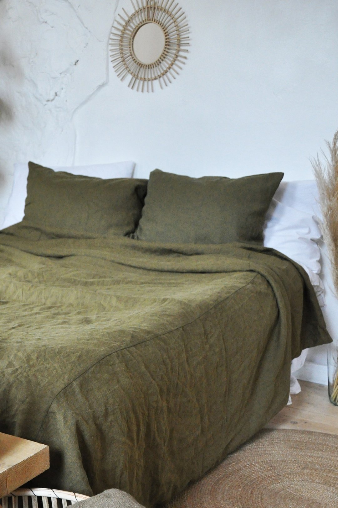 Dark olive linen flat sheet/Linen bedsheet/Softened stonewashed linen sheet - 寝具 - 亚麻 绿色