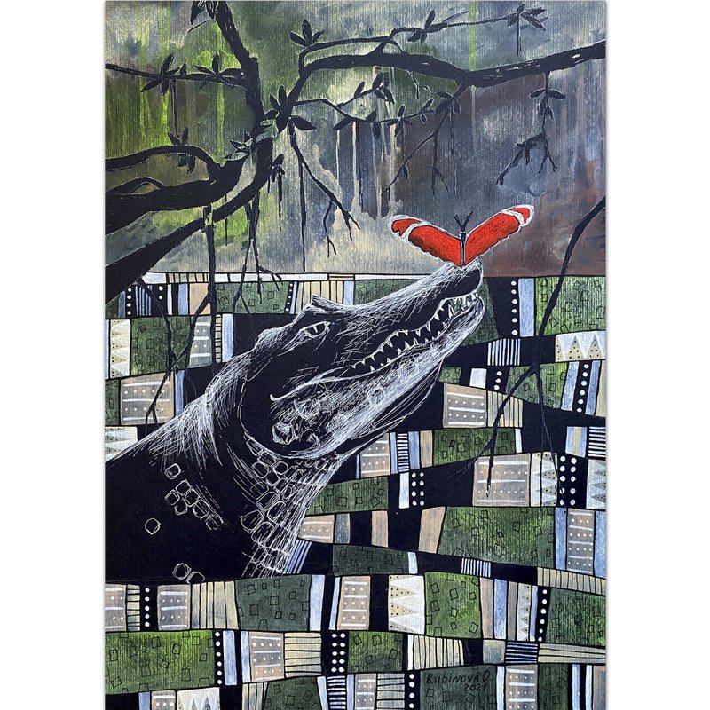 Alligator art Crocodile original painting Black paper artwork Ethnic wall art - 海报/装饰画/版画 - 纸 绿色