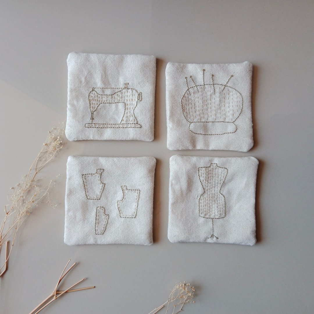 Sewing coaster set handicraft natural 100%cotton fabric 4PCS - 杯垫 - 棉 白色