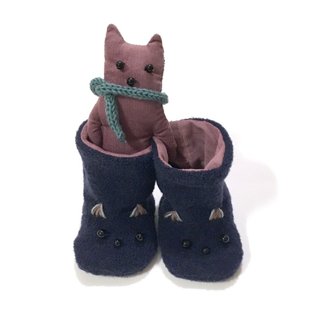 babygift   Baby booties of the cat 　navy X pink - 满月礼盒 - 棉 蓝色