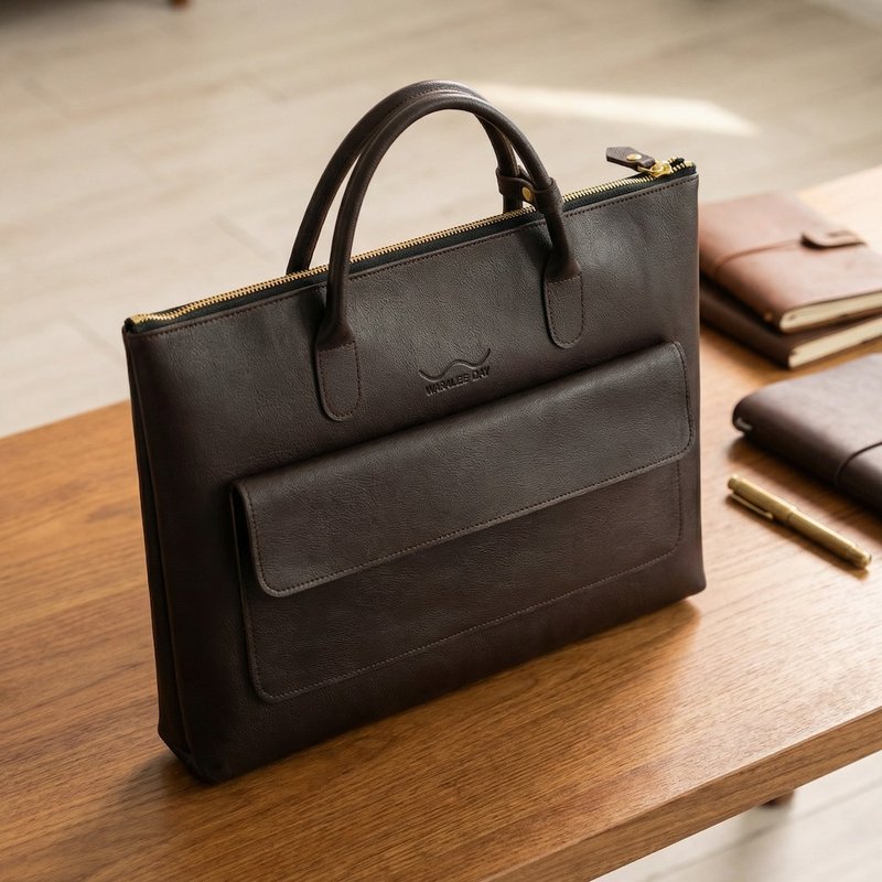 WARALEE's DAY | 短手柄扁方形拉链手提包 - 深棕黑色 - 电脑包 - 人造皮革 咖啡色