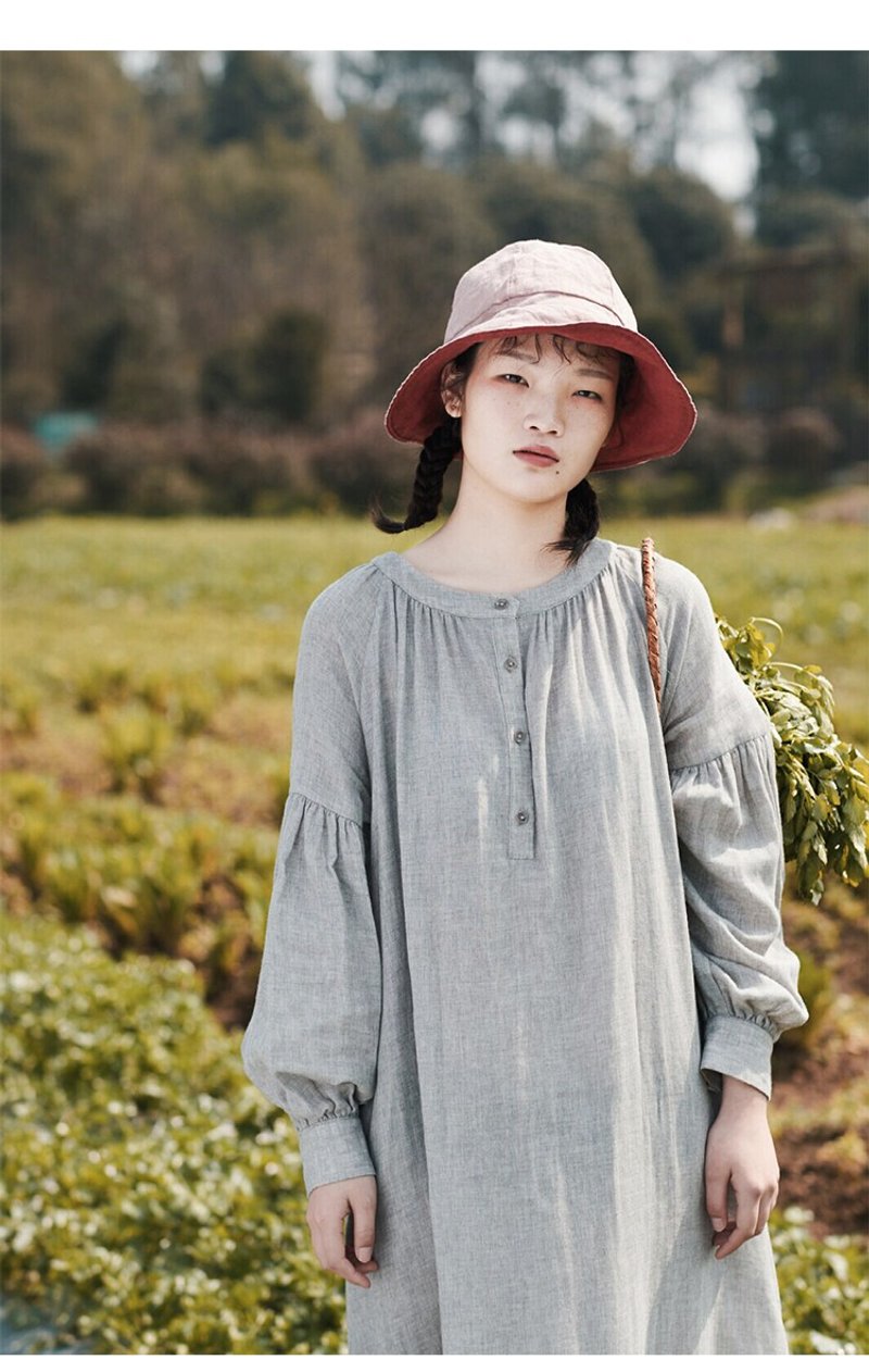 织布云麻麻X连衣裙仙女裙2020小清新长款裙子女圆领棉麻长袖 - 洋装/连衣裙 - 棉．麻 灰色
