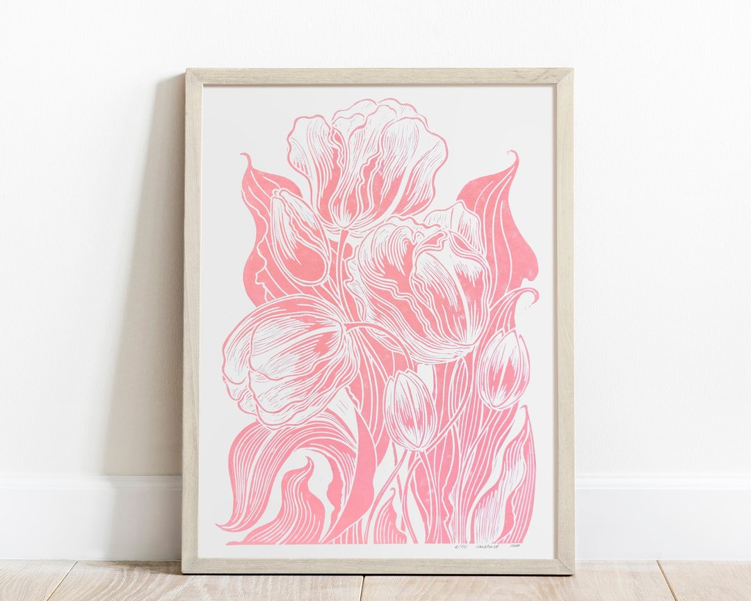 粉红色郁金香花油毡印花春季墙艺术原创艺术品卧室装饰 - 墙贴/壁贴 - 纸 粉红色