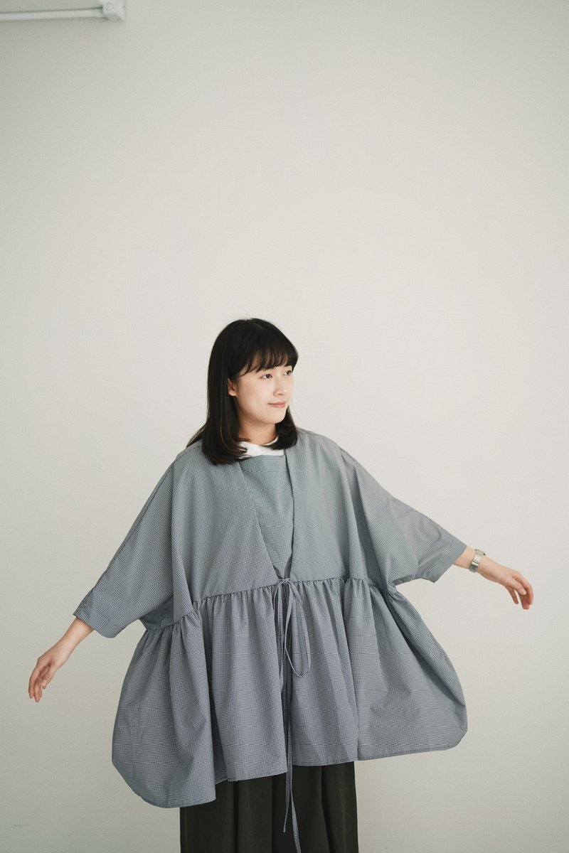 格仔两穿绑绳top-蓝格 - 女装上衣 - 棉．麻 蓝色