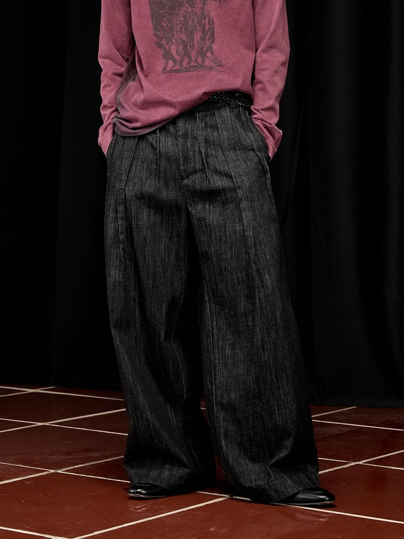 【流氓】竹节纹丝多褶/原色牛仔长裤 - 男士长裤 - 棉．麻 黑色