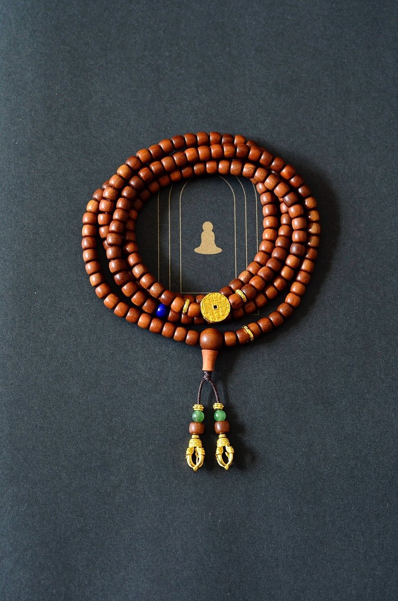 4mm索迈尔 原生老山檀 碧玉古法银鎏金山鬼花钱设计多圈手串项链s - 手链/手环 - 木头 咖啡色