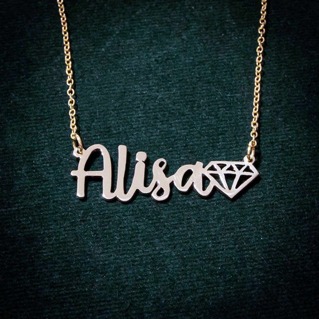 Made to order - Customize name necklace hand writhing style with diamond graphic - 项链 - 铜/黄铜 银色