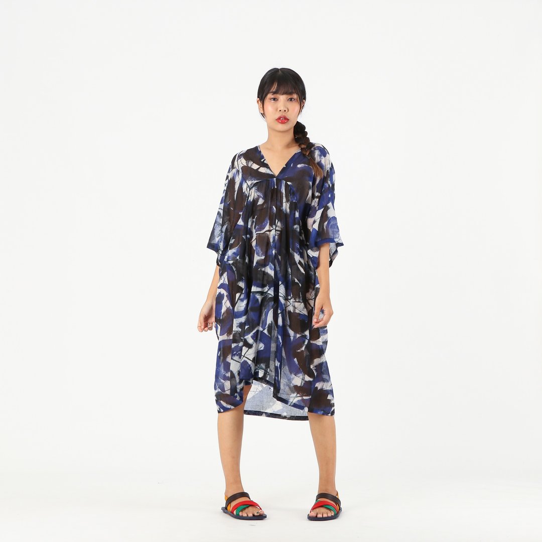 Short Dress Cotton Voile Hand Paint Free Size - 洋装/连衣裙 - 棉 蓝色