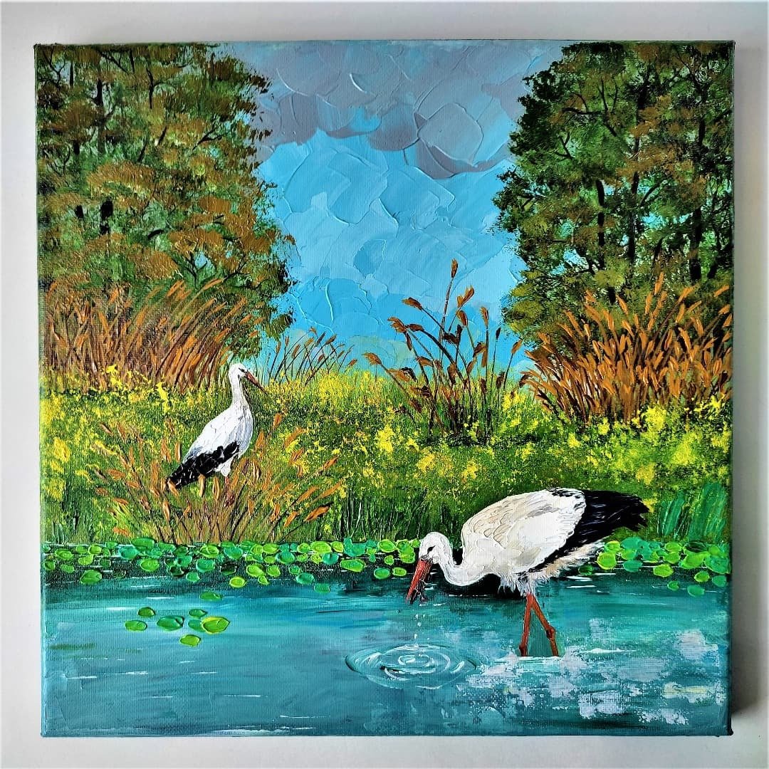 鹳丙烯画鸟画墙壁装饰挂画风景厚涂质感绘画客厅艺术品 - 墙贴/壁贴 - 压克力 多色