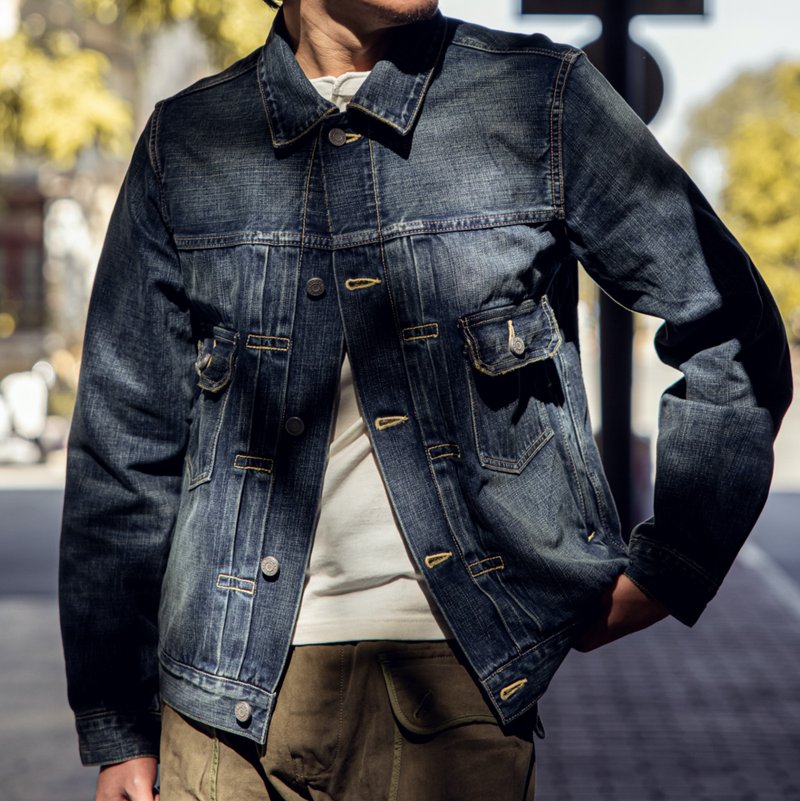 水洗蓝牛仔外套 14oz 101版型 修身短版 手工洗水工艺 古董梭织机 - 男装外套 - 棉．麻 蓝色