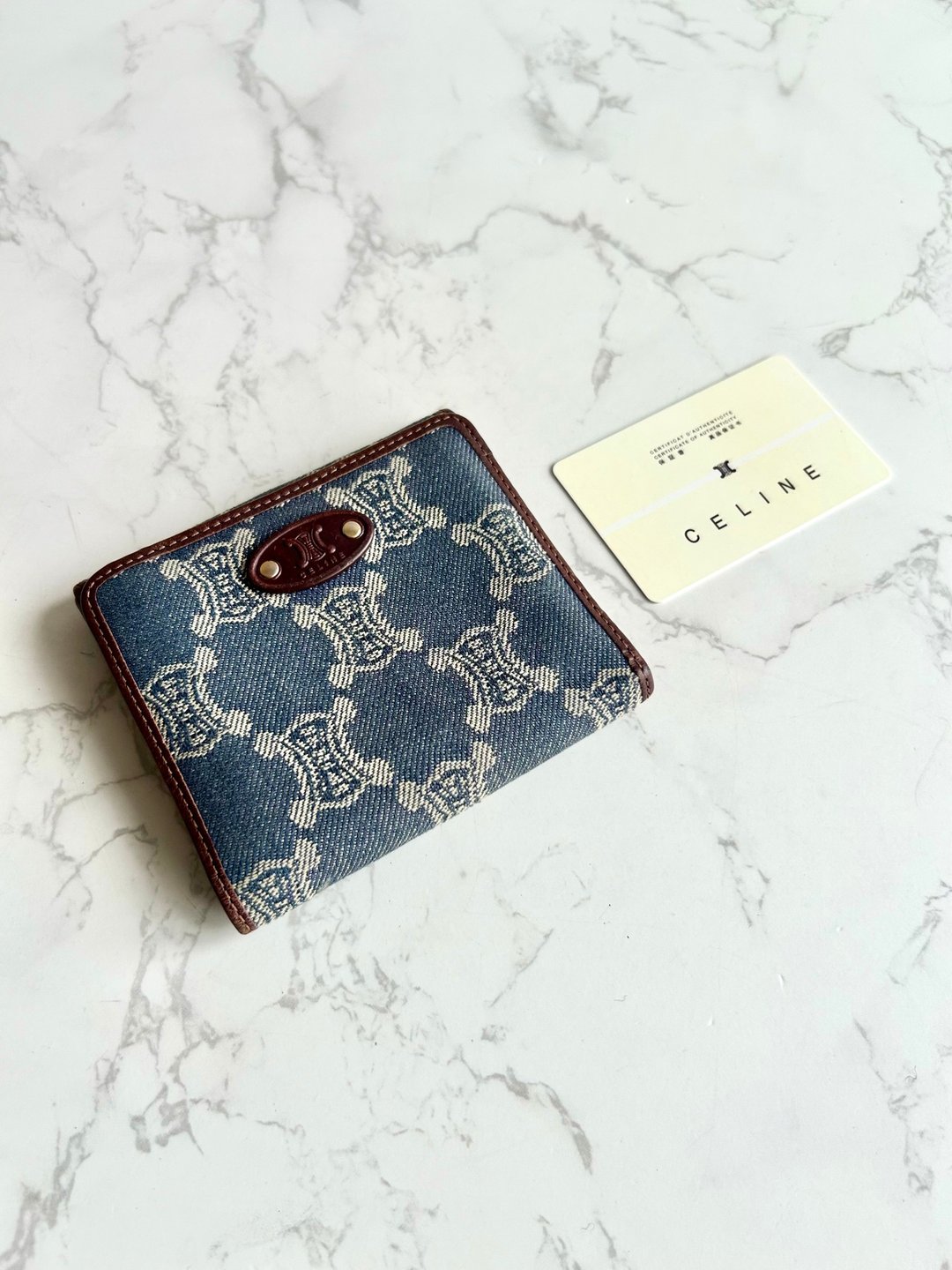 Celine 牛仔蓝拼皮老花短夹 皮夹 钱包 稀有中古包 二手包 古董包 - 侧背包/斜挎包 - 真皮 蓝色