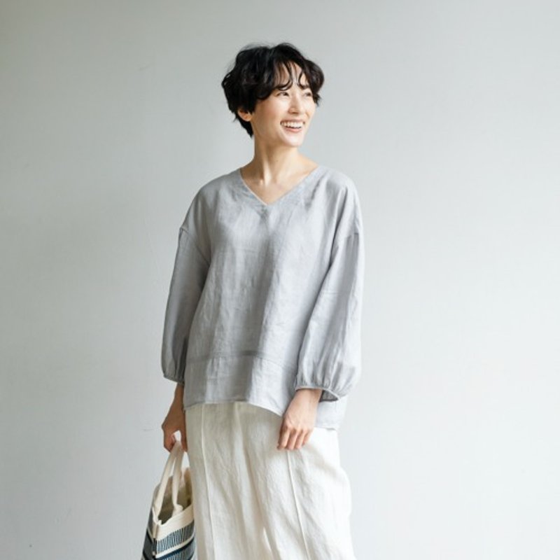 百搭必备亚麻九分袖上衣 设计师立裁版型 浅灰色 230403-4 - 女装上衣 - 棉 银色