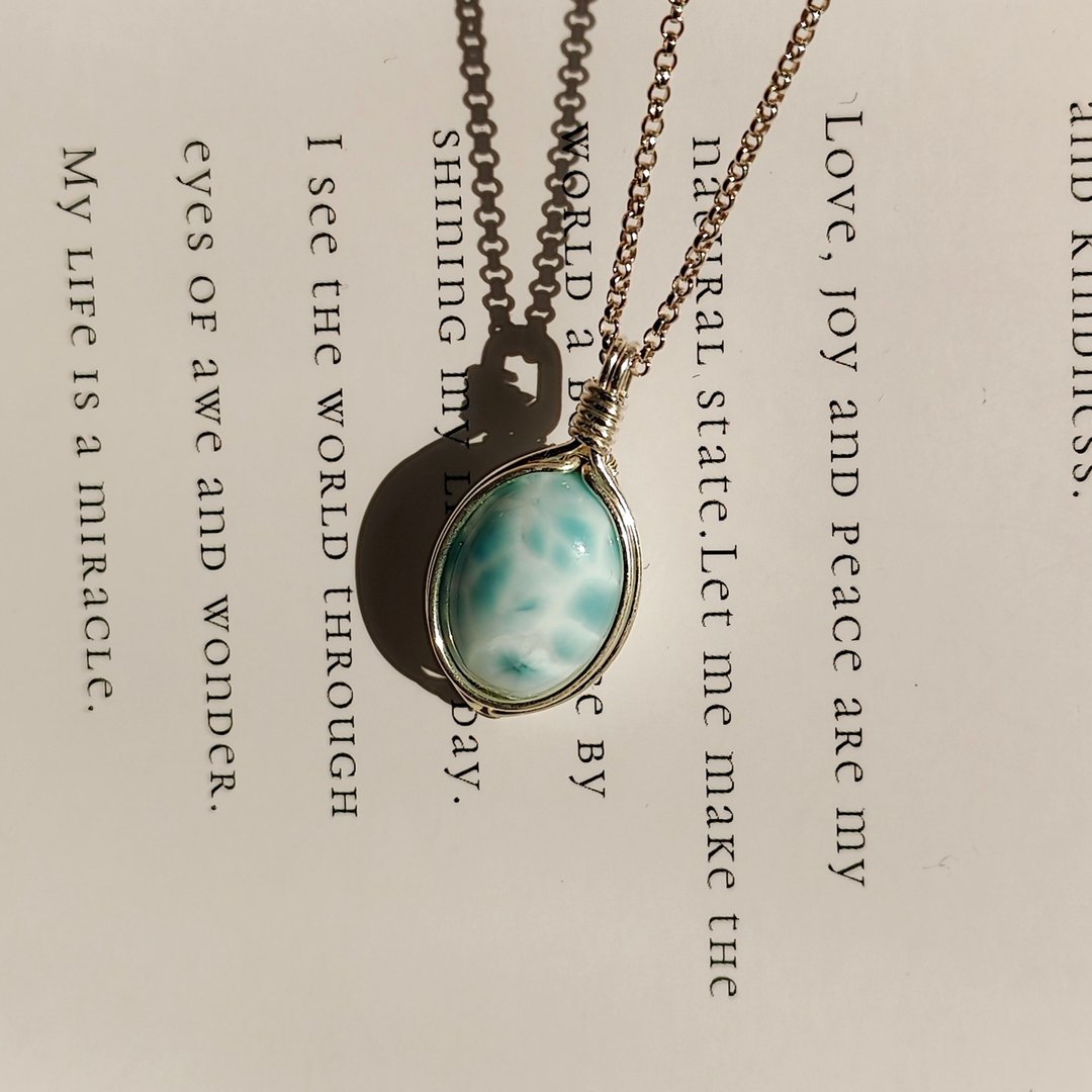 大顆海紋石吊墜 純銀海紋石項鍊 拉利瑪吊坠 Larimar - 吊饰 - 半宝石 