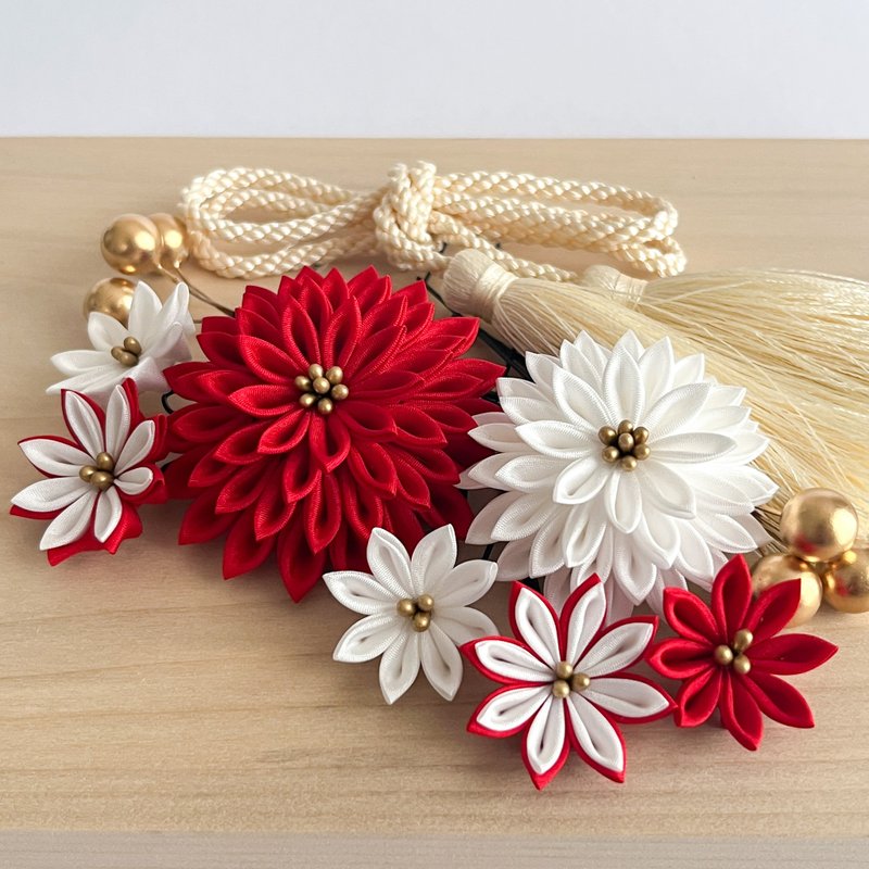 传统红白摘み细工发饰套组 – 高级正绢 - 发饰 - 丝．绢 红色